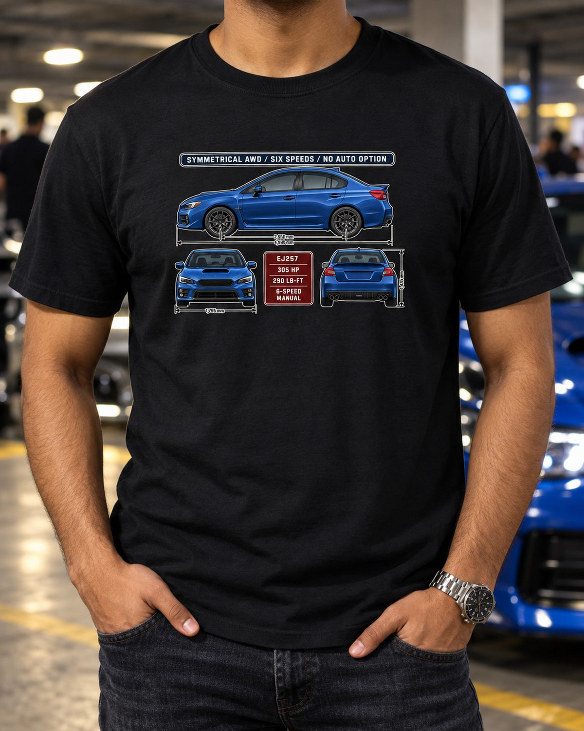 Subaru WRX STI VA Three-View Spec Table Tee, Manual Only T-Shirt Black worn hero