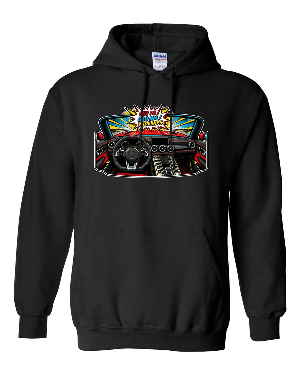 Isometric topographic route map of the Nordschleife with Flugplatz and Schwedenkreuz text for a Mercedes AMG GT C190 black pull over hoodie front view with the design