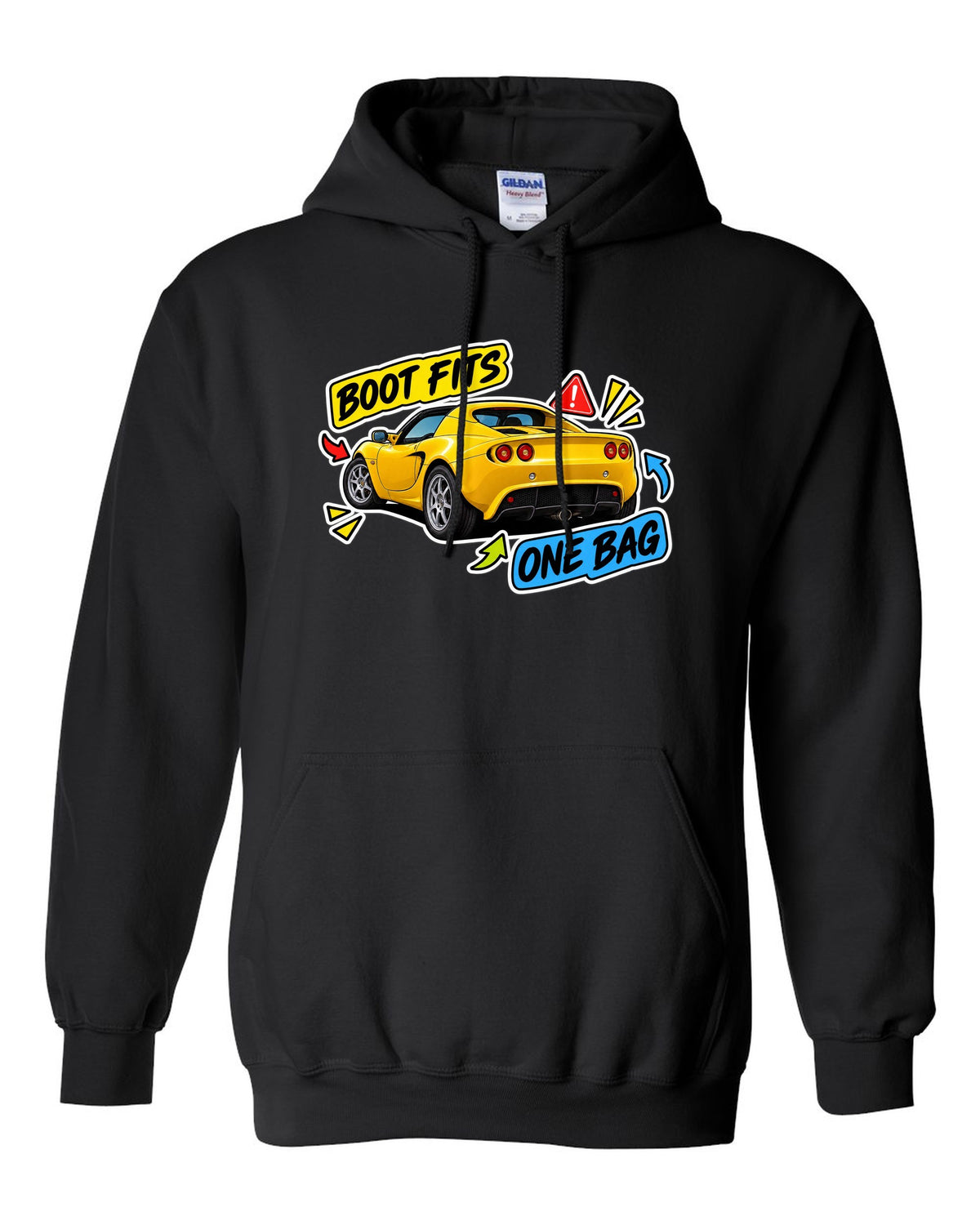 Lotus Elise S2 sticker bomb collage with BOOT FITS ONE BAG lettering black pull over hoodie front view with the design