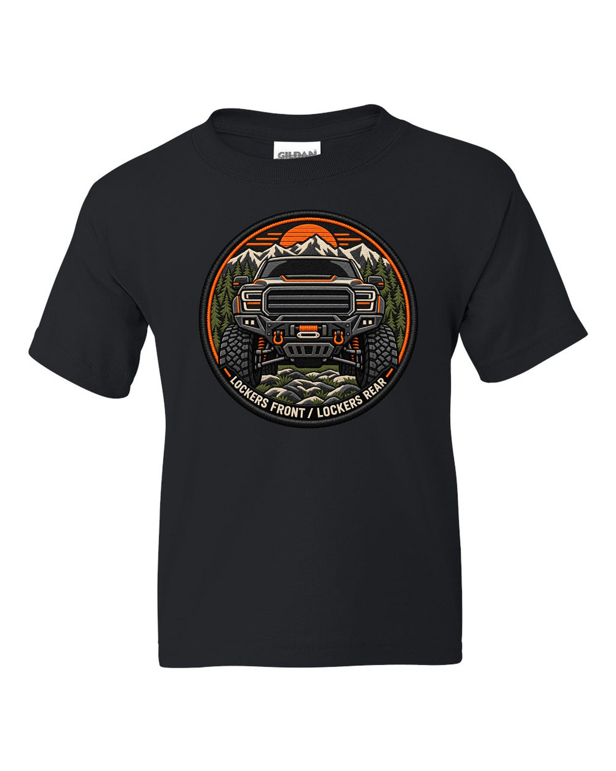Embroidery-style patch print of a Ram 2500 Power Wagon grille with locker text black kids tee front view with the design
