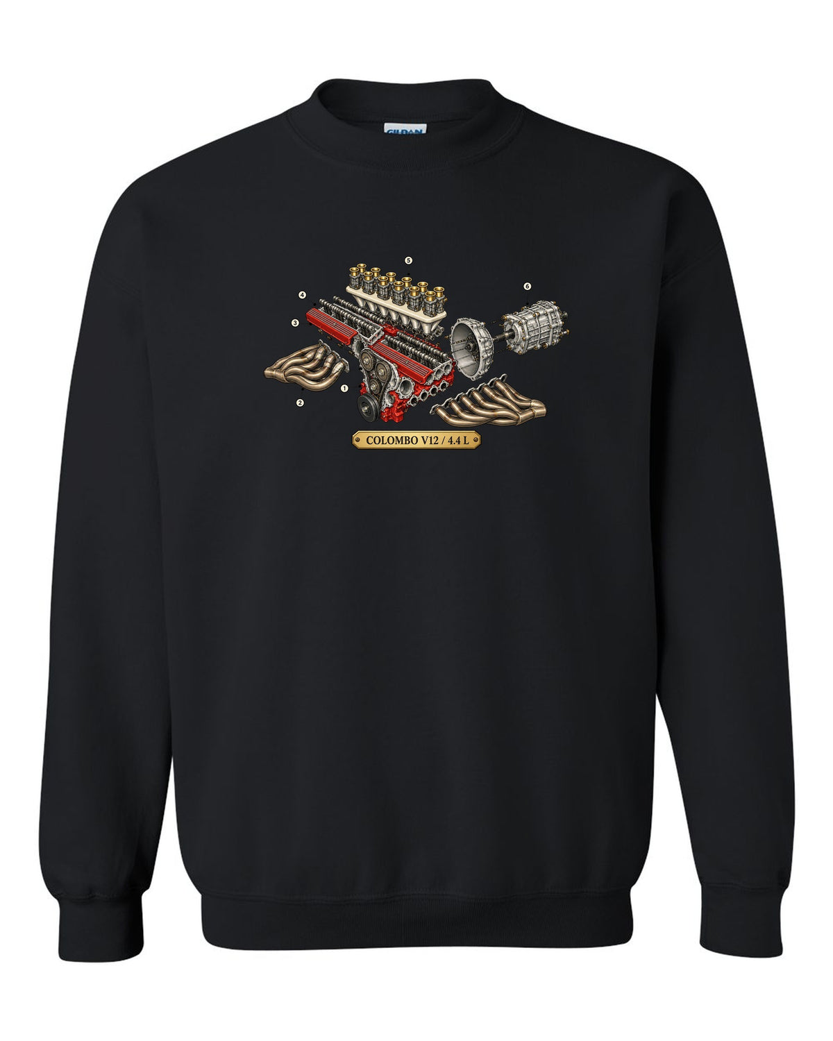 Exploded view of the Ferrari 365 GTB/4 Daytona Colombo V12 engine black crewneck front view with the design