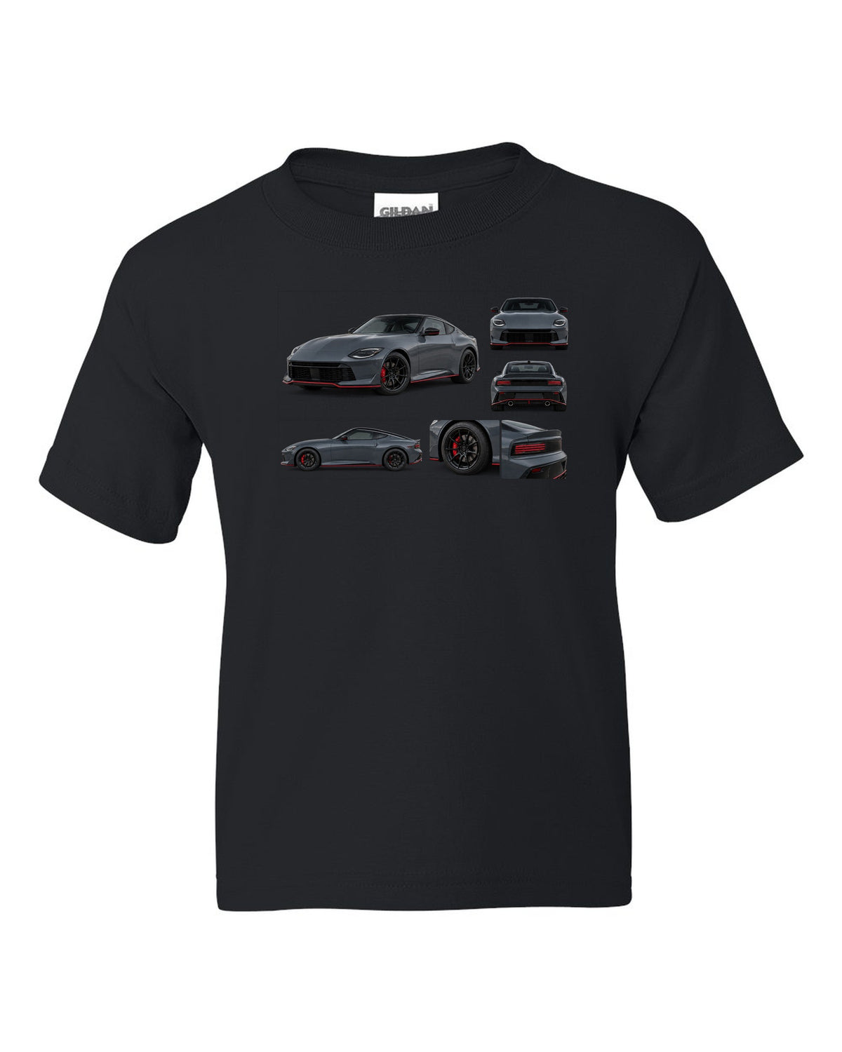 Halftone style print of a 2024 Nissan Z RZ34 Sport with VR30DDTT text black kids tee front view with the design