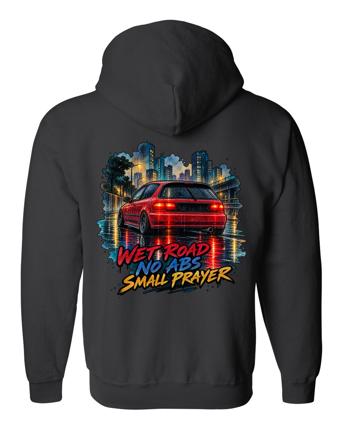 Watercolour wet road print of a Honda Civic EG6 ch with red taillights and no ABS text black zip hoodie back view with the design