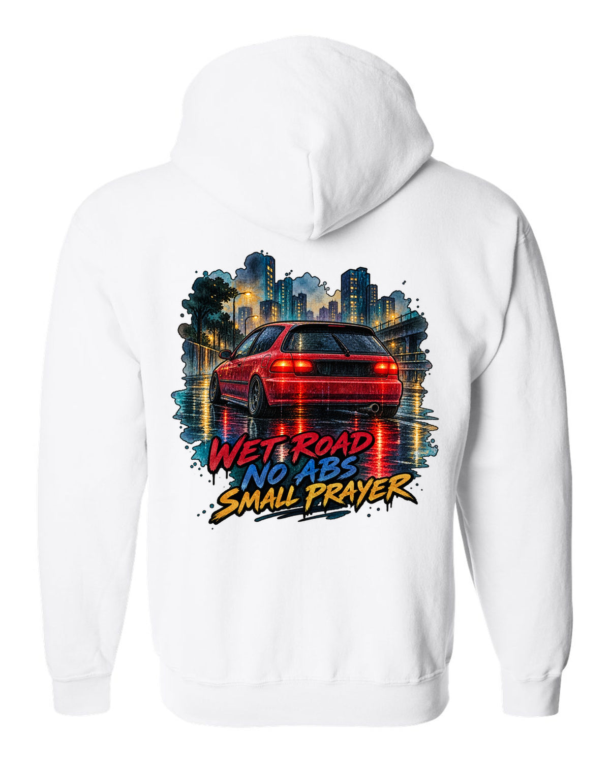 Watercolour wet road print of a Honda Civic EG6 ch with red taillights and no ABS text white zip hoodie back view with the design