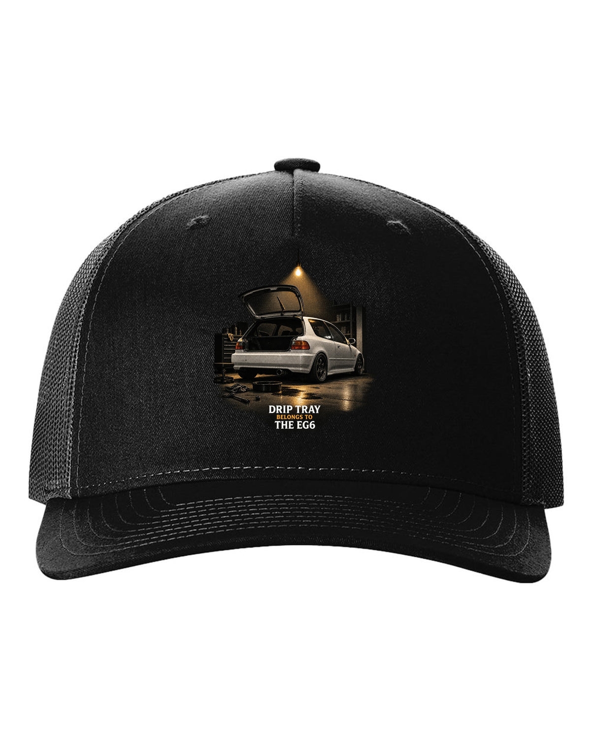 Garage night print of a 1993 Honda Civic EG6 SiR chback with drip tray text black hat front view with the design