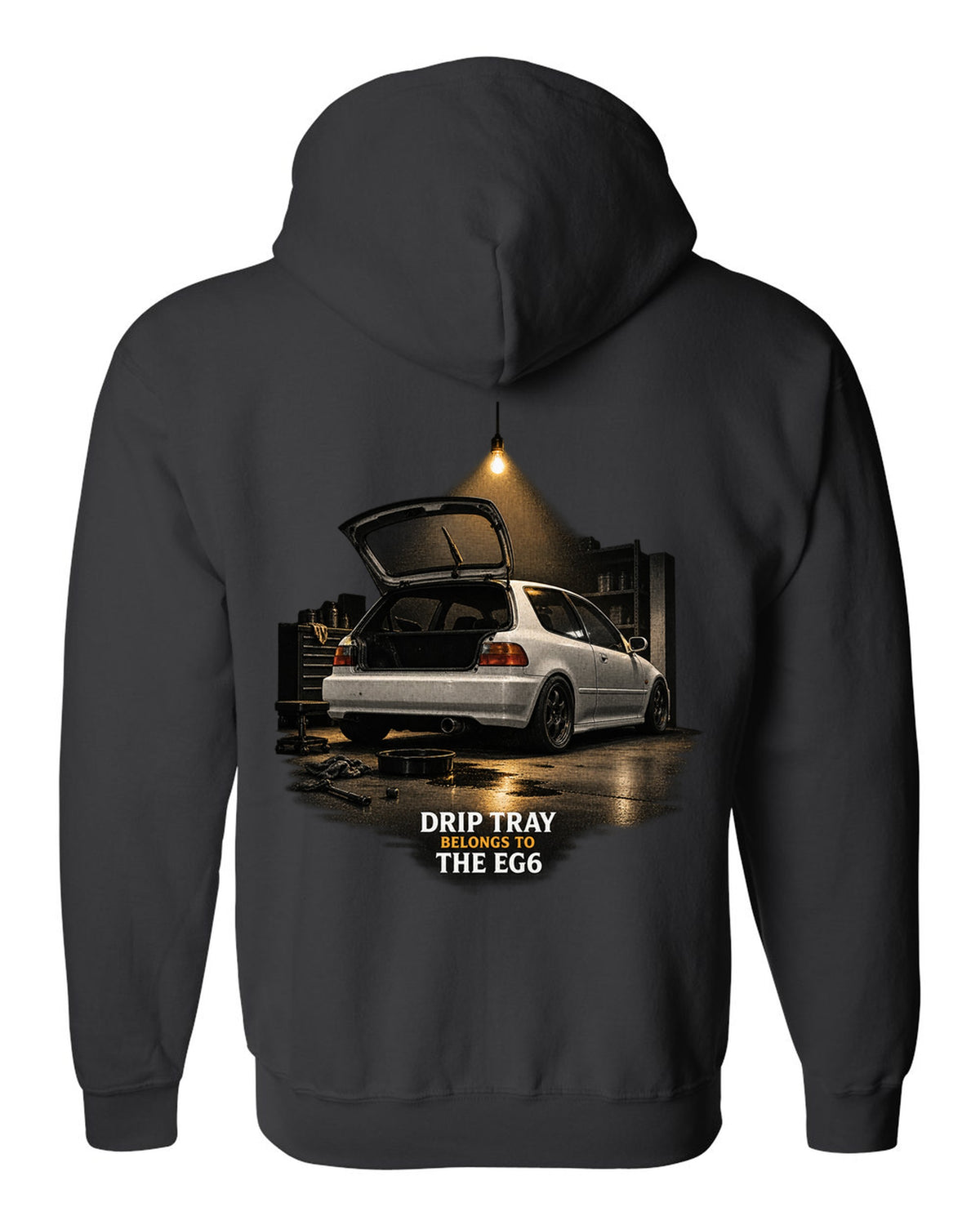 Garage night print of a 1993 Honda Civic EG6 SiR chback with drip tray text black zip hoodie back view with the design