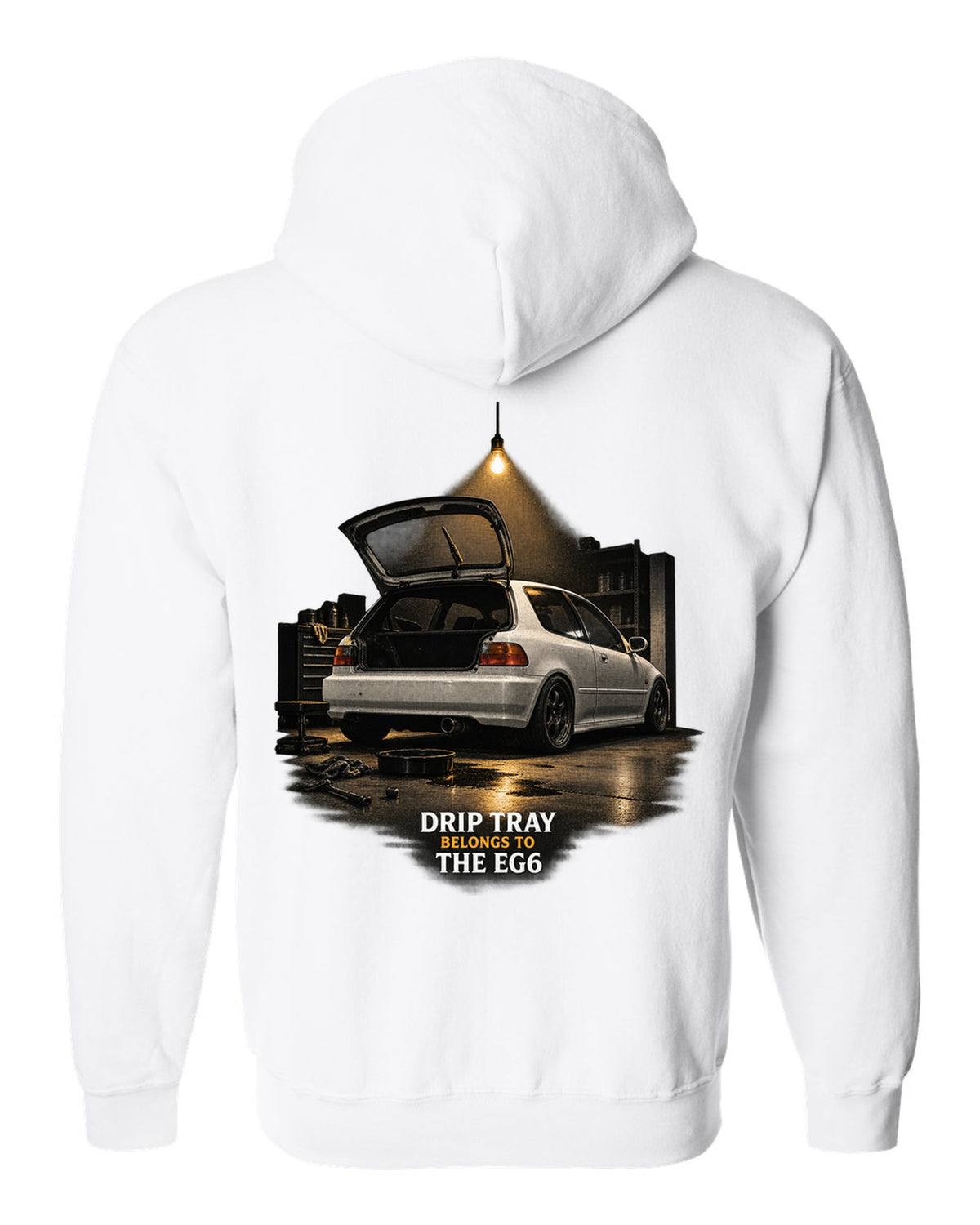 Garage night print of a 1993 Honda Civic EG6 SiR chback with drip tray text white zip hoodie back view with the design