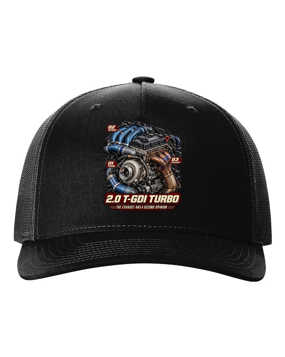 Hyundai Elantra N 2.0 T-GDI turbo engine illustration, print black hat front view with the design