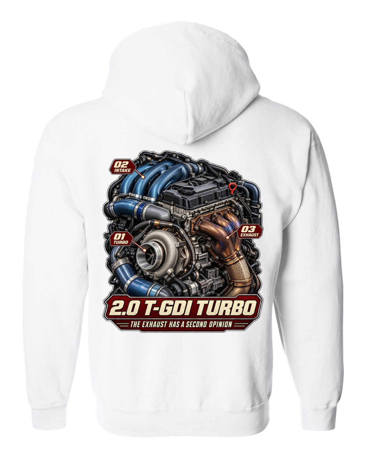 Hyundai Elantra N 2.0 T-GDI turbo engine illustration, print white zip hoodie back view with the design