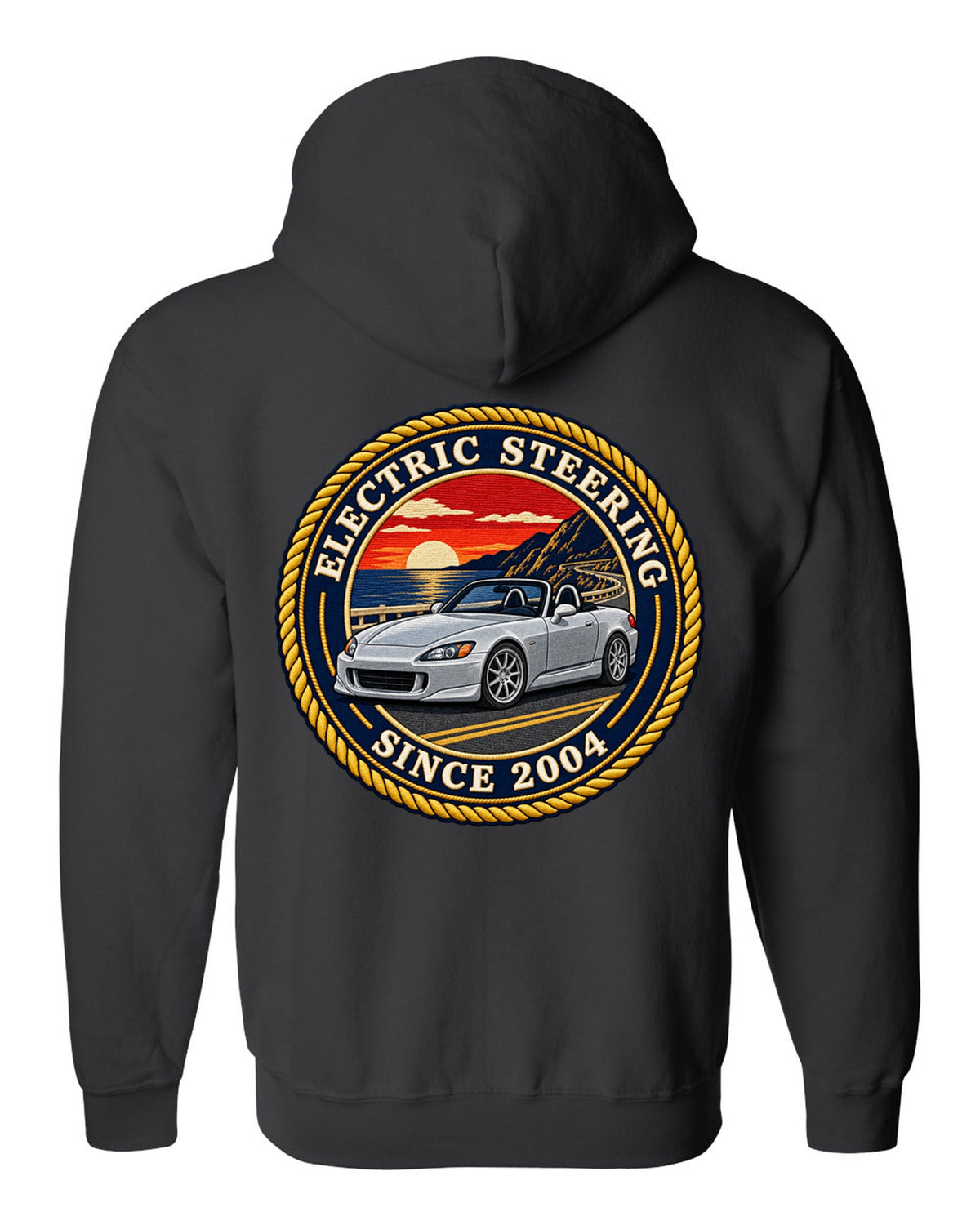 Embroidery-style round crest print of a 2004 Honda S2000 AP2 roadster black zip hoodie back view with the design