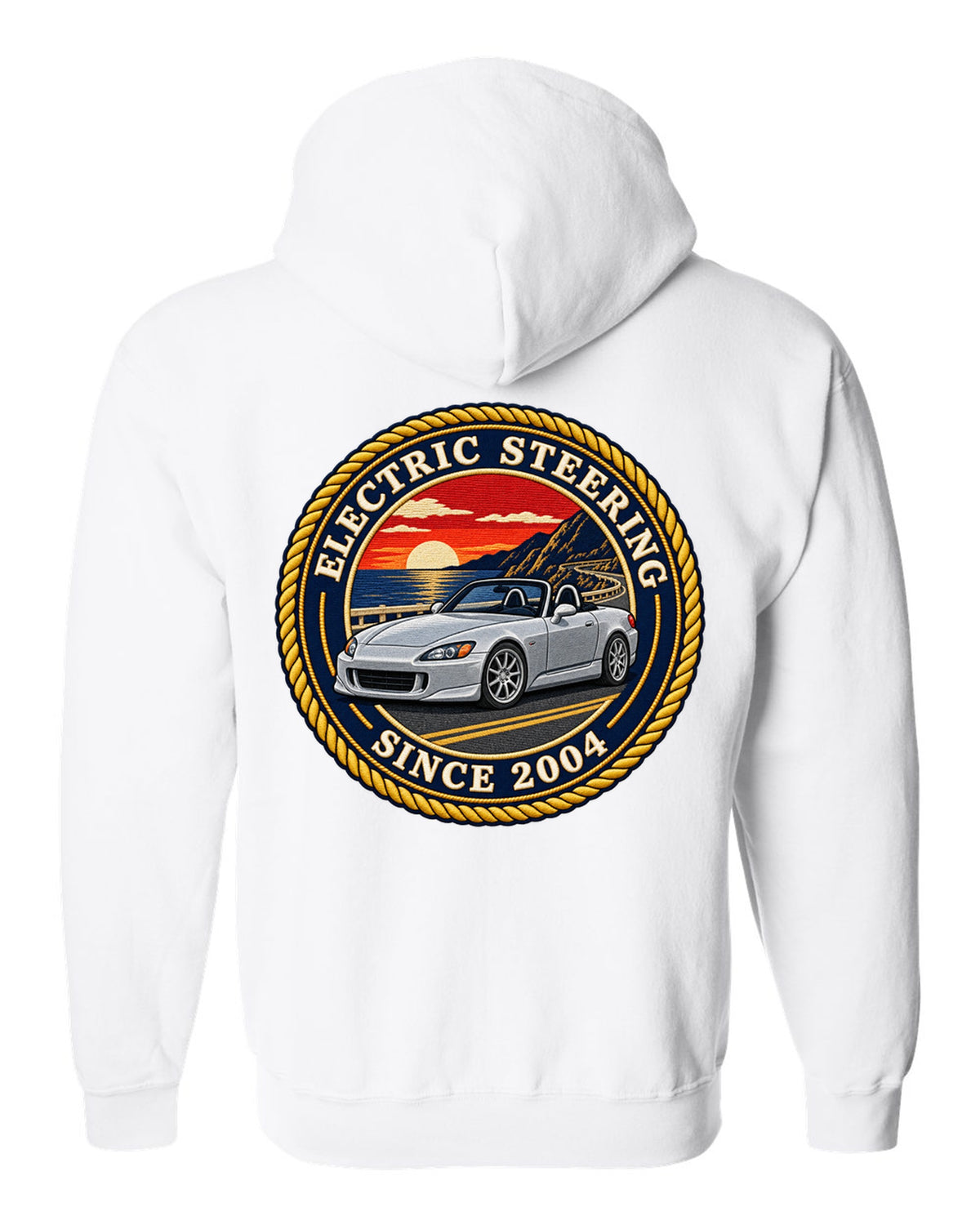 Embroidery-style round crest print of a 2004 Honda S2000 AP2 roadster white zip hoodie back view with the design