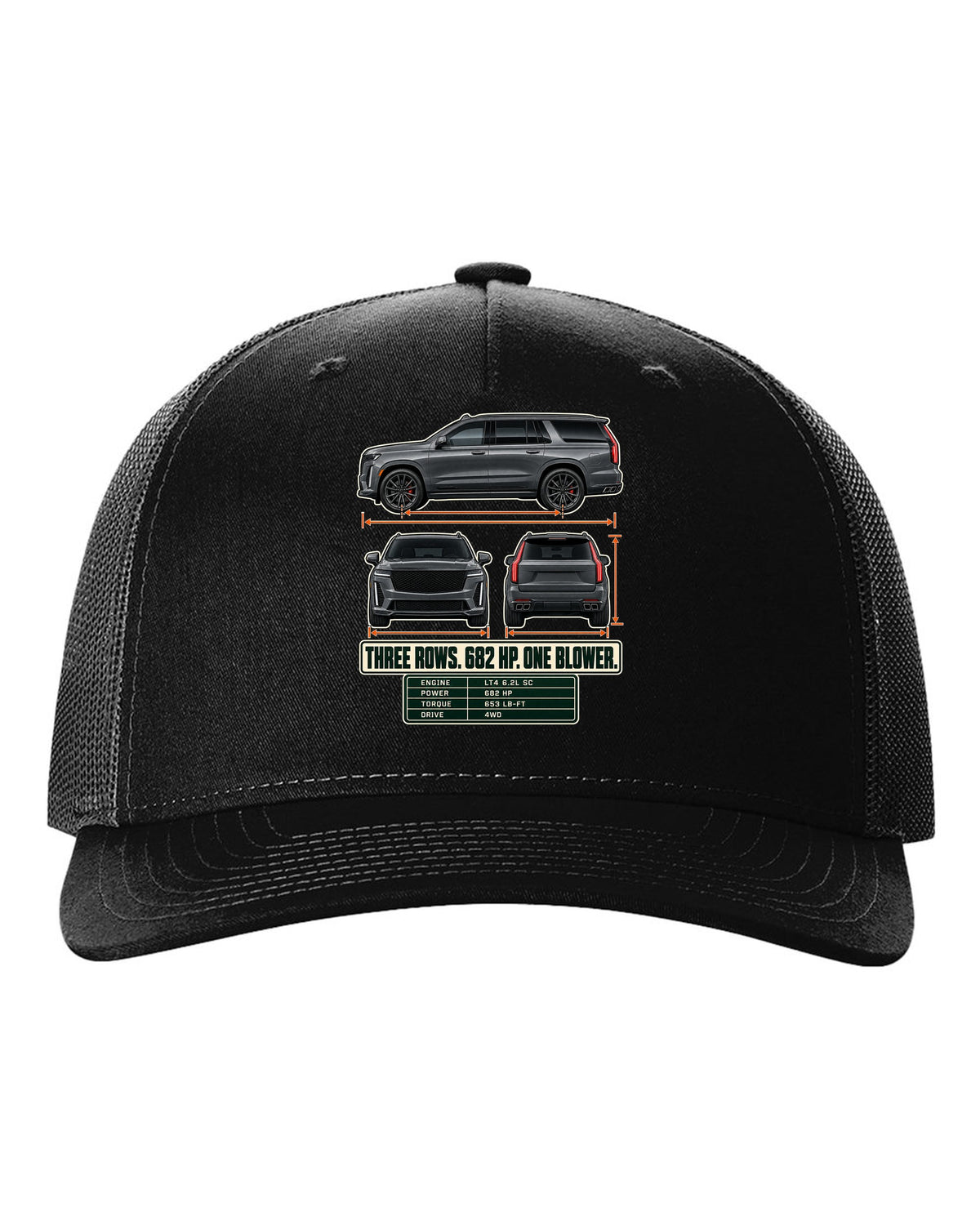 Three-view and spec table print of a 2023-25 Cadillac Escalade-V black hat front view with the design