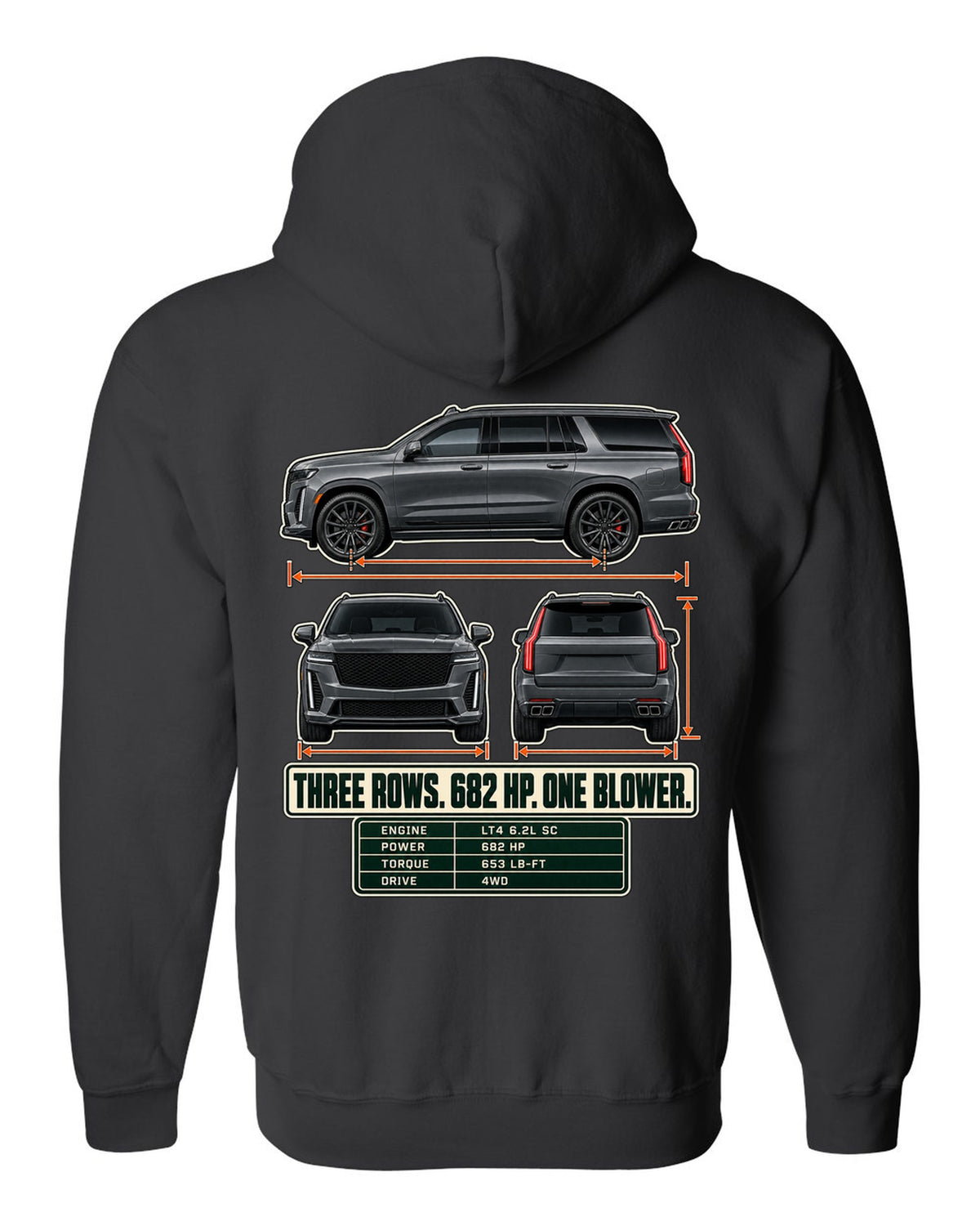 Three-view and spec table print of a 2023-25 Cadillac Escalade-V black zip hoodie back view with the design
