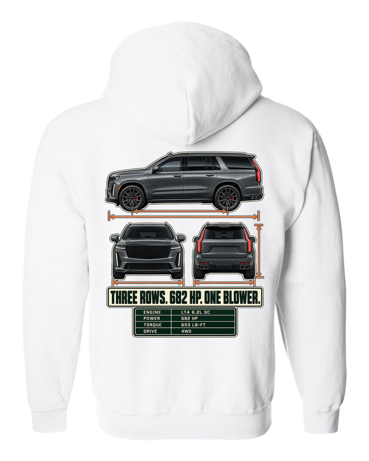 Three-view and spec table print of a 2023-25 Cadillac Escalade-V white zip hoodie back view with the design
