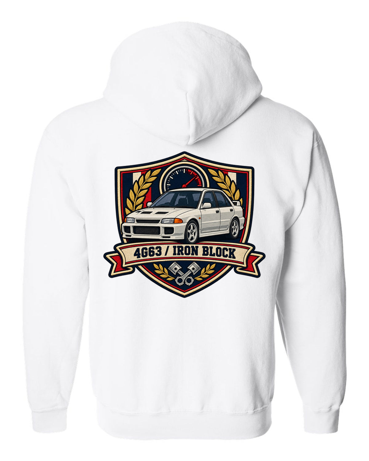 Mitsubishi Lancer Evolution I CD9A embroidered varsity crest print, 4G63 / IRON BLOCK white zip hoodie back view with the design