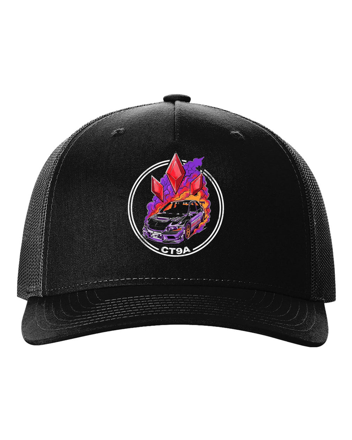 Mitsubishi Lancer Evolution IX Diamonds black trucker hat front view with the design