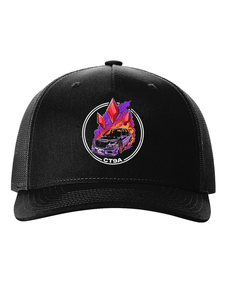Mitsubishi Lancer Evolution IX Diamonds black trucker hat front view with the design