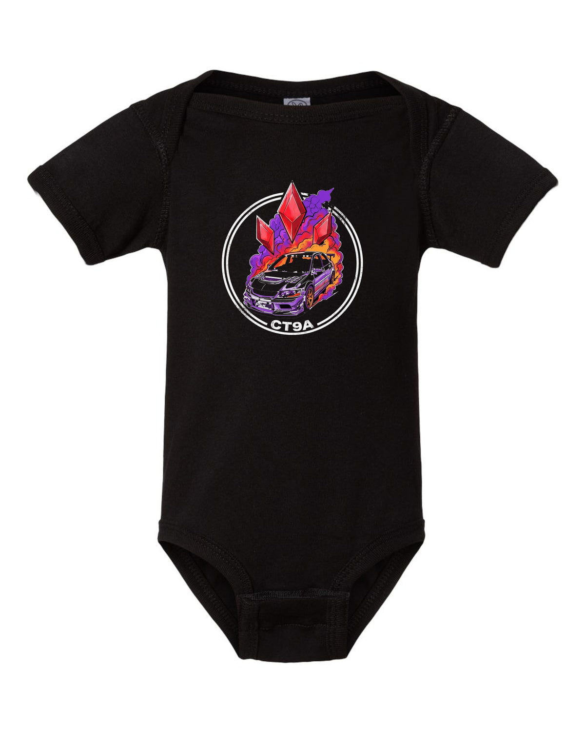 Mitsubishi Lancer Evolution IX Diamonds black baby onesie front view with the design