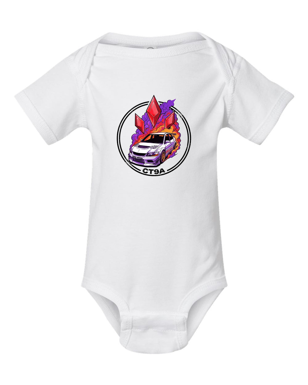Mitsubishi Lancer Evolution IX Diamonds white baby onesie front view with the design