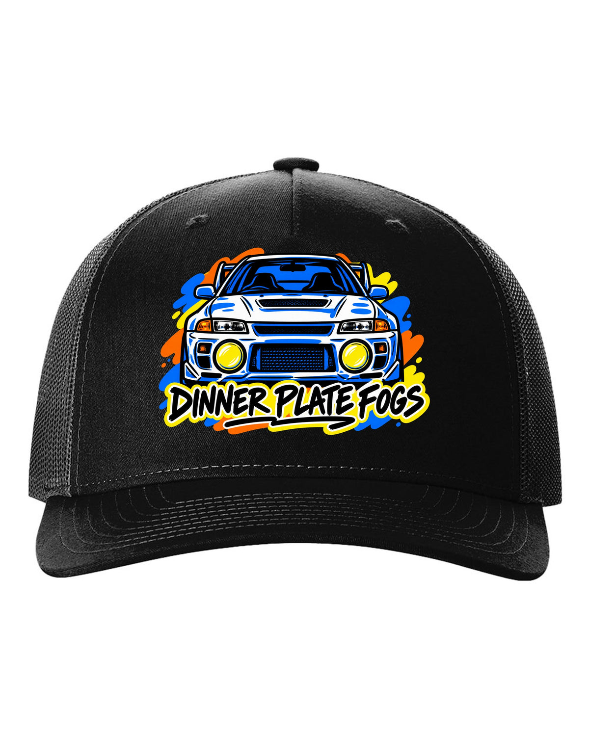 Mitsubishi Lancer Evolution IV CN9A mono-line sketch, DINNER PLATE FOGS black hat front view with the design