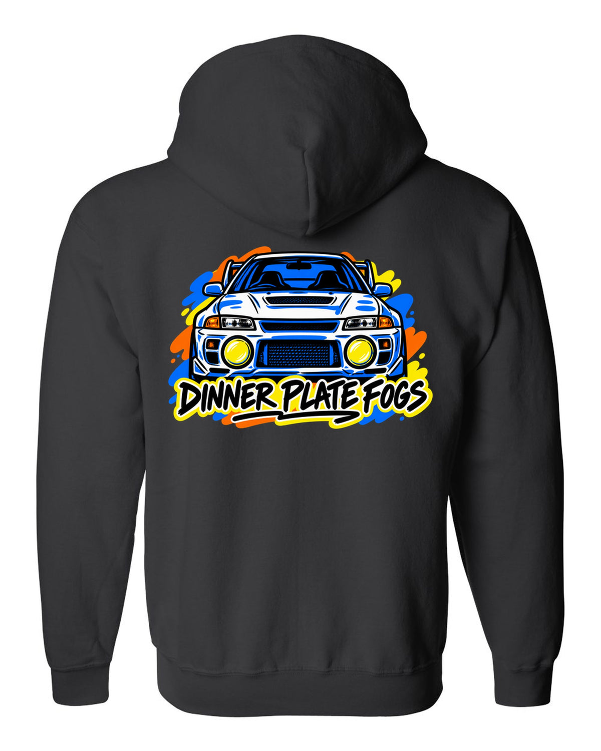 Mitsubishi Lancer Evolution IV CN9A mono-line sketch, DINNER PLATE FOGS black zip hoodie back view with the design