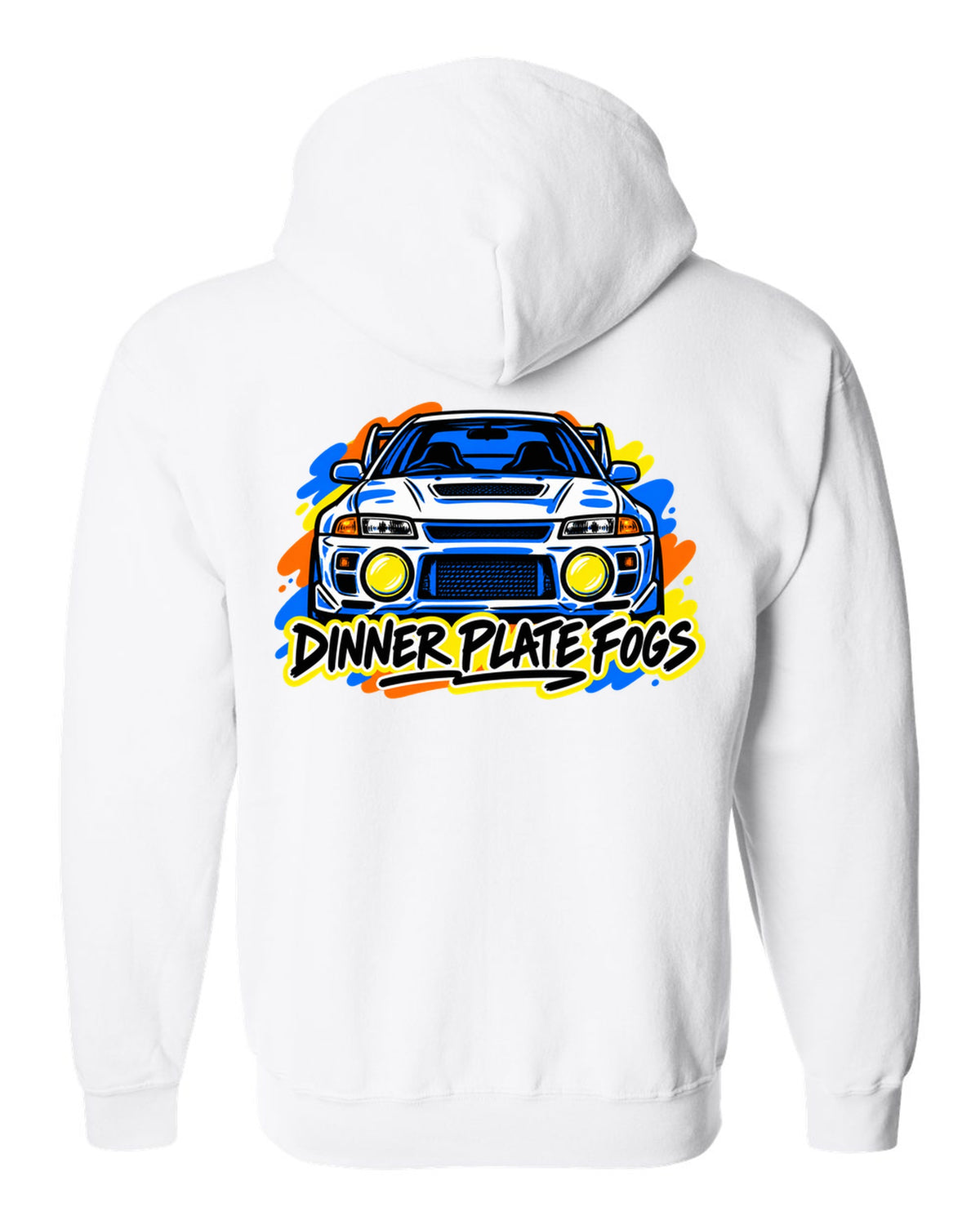 Mitsubishi Lancer Evolution IV CN9A mono-line sketch, DINNER PLATE FOGS white zip hoodie back view with the design