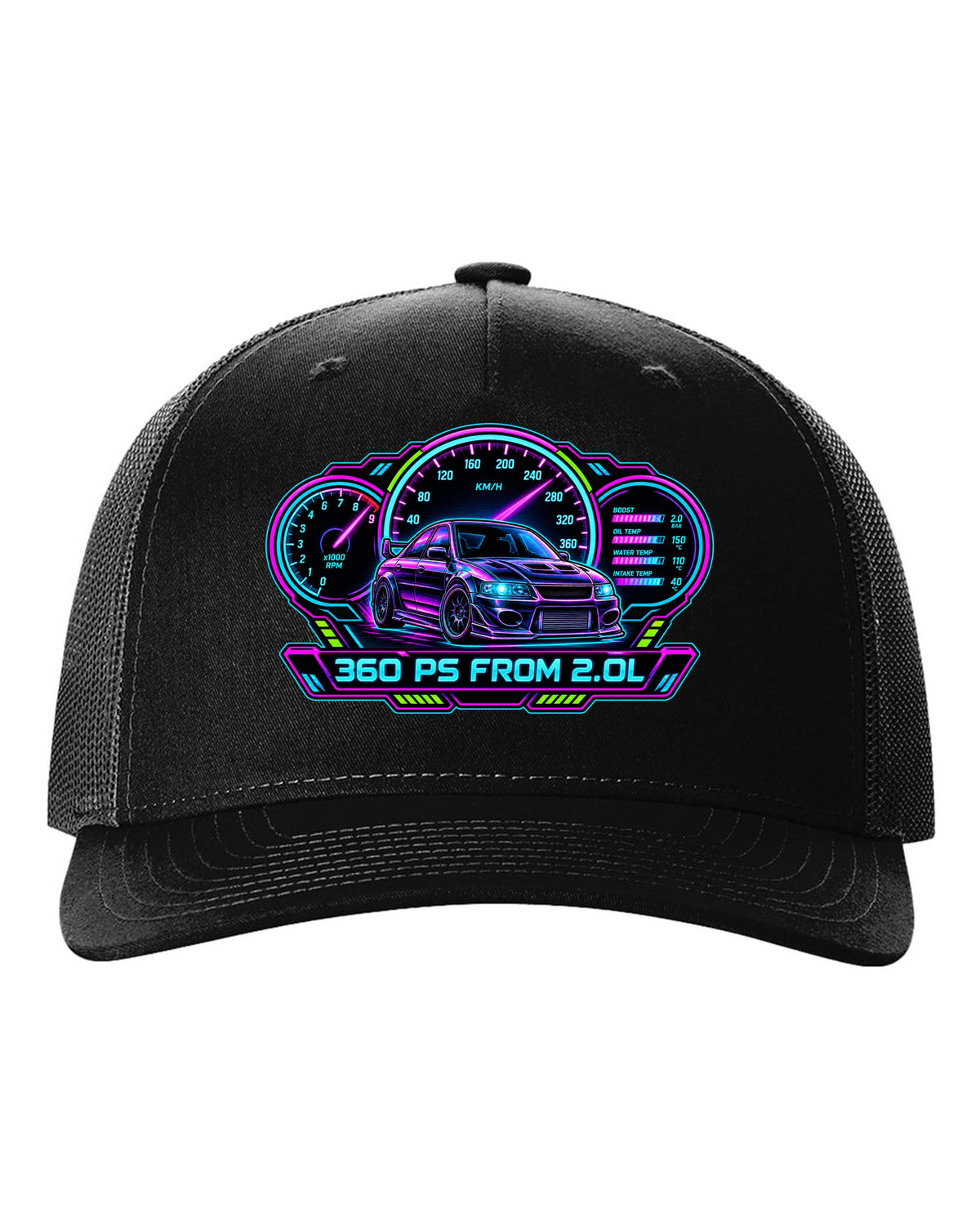 Neon cyberpunk gauge cluster print for the Mitsubishi Evo IX CT9A with 360 PS from 2.0L text black hat front view with the design