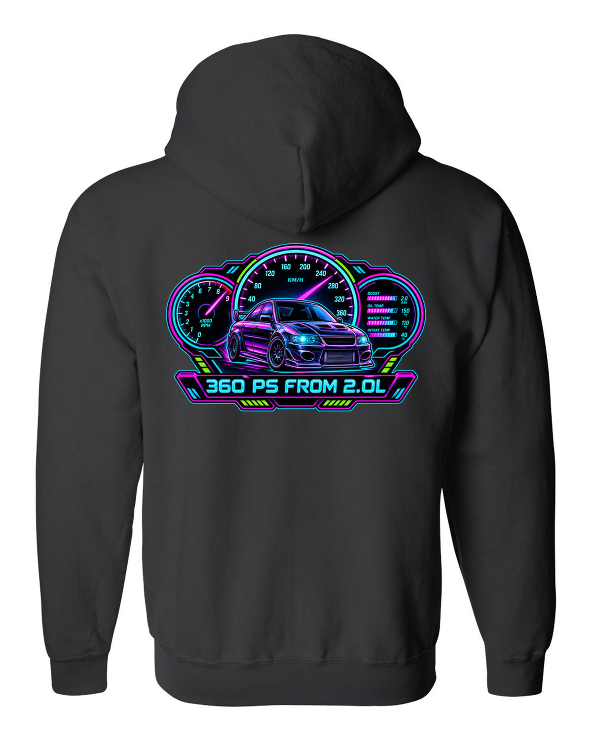 Neon cyberpunk gauge cluster print for the Mitsubishi Evo IX CT9A with 360 PS from 2.0L text black zip hoodie back view with the design