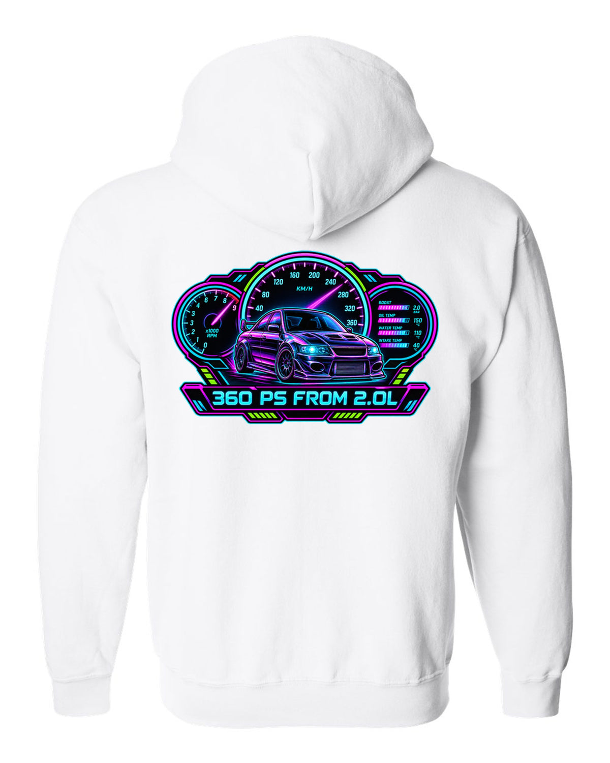 Neon cyberpunk gauge cluster print for the Mitsubishi Evo IX CT9A with 360 PS from 2.0L text white zip hoodie back view with the design