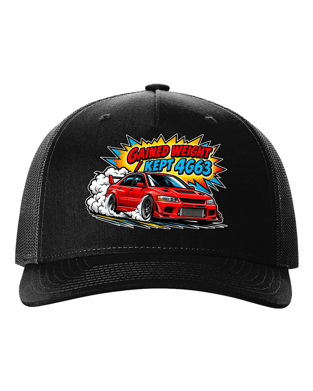 Comic halftone pop-art launch print of the Mitsubishi Evo VII CT9A with gained weight kept 4G63 text black hat front view with the design