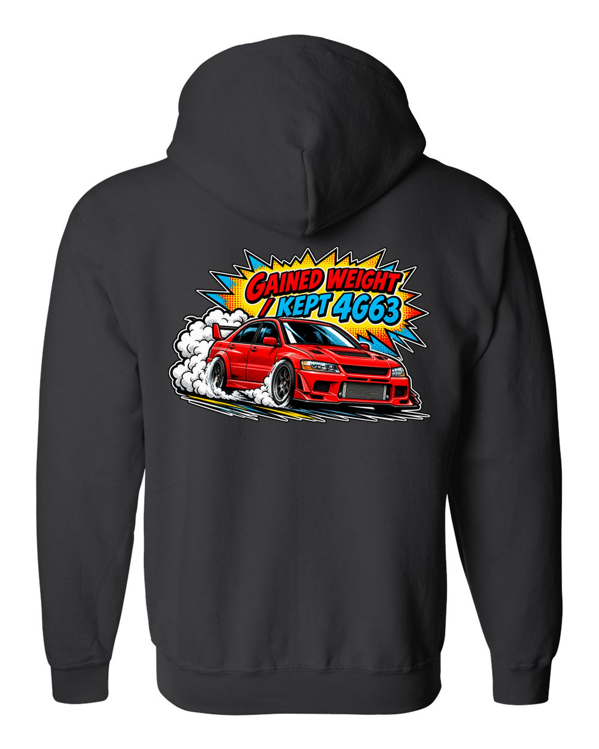 Comic halftone pop-art launch print of the Mitsubishi Evo VII CT9A with gained weight kept 4G63 text black zip hoodie back view with the design
