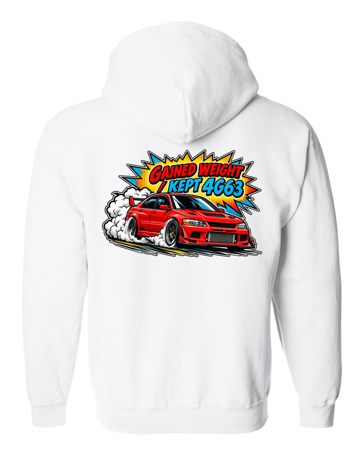 Comic halftone pop-art launch print of the Mitsubishi Evo VII CT9A with gained weight kept 4G63 text white zip hoodie back view with the design