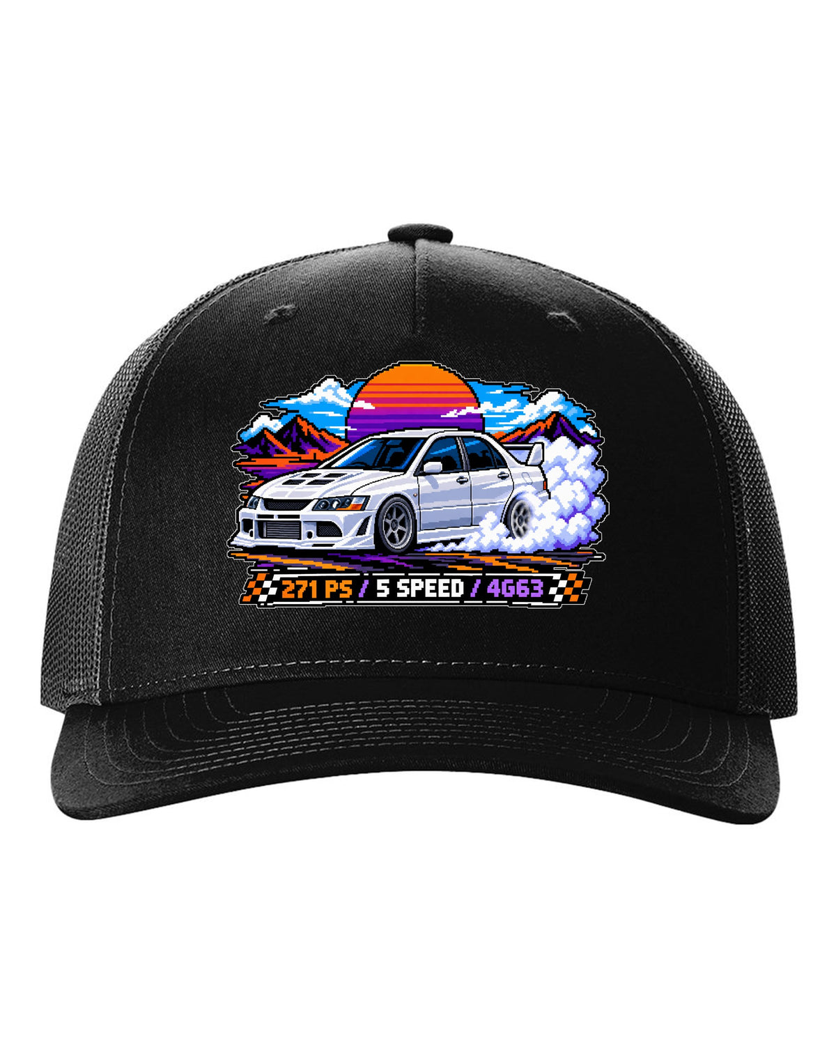 Pixel art burnout print of the Mitsubishi Evo VIII CT9A with 271 PS 5 speed 4G63 text black hat front view with the design