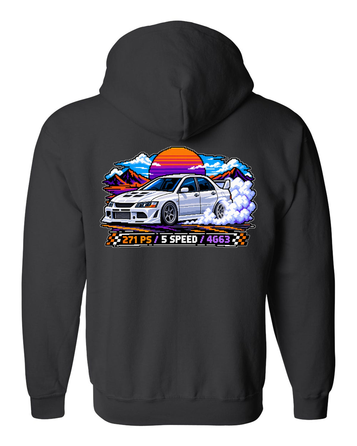 Pixel art burnout print of the Mitsubishi Evo VIII CT9A with 271 PS 5 speed 4G63 text black zip hoodie back view with the design