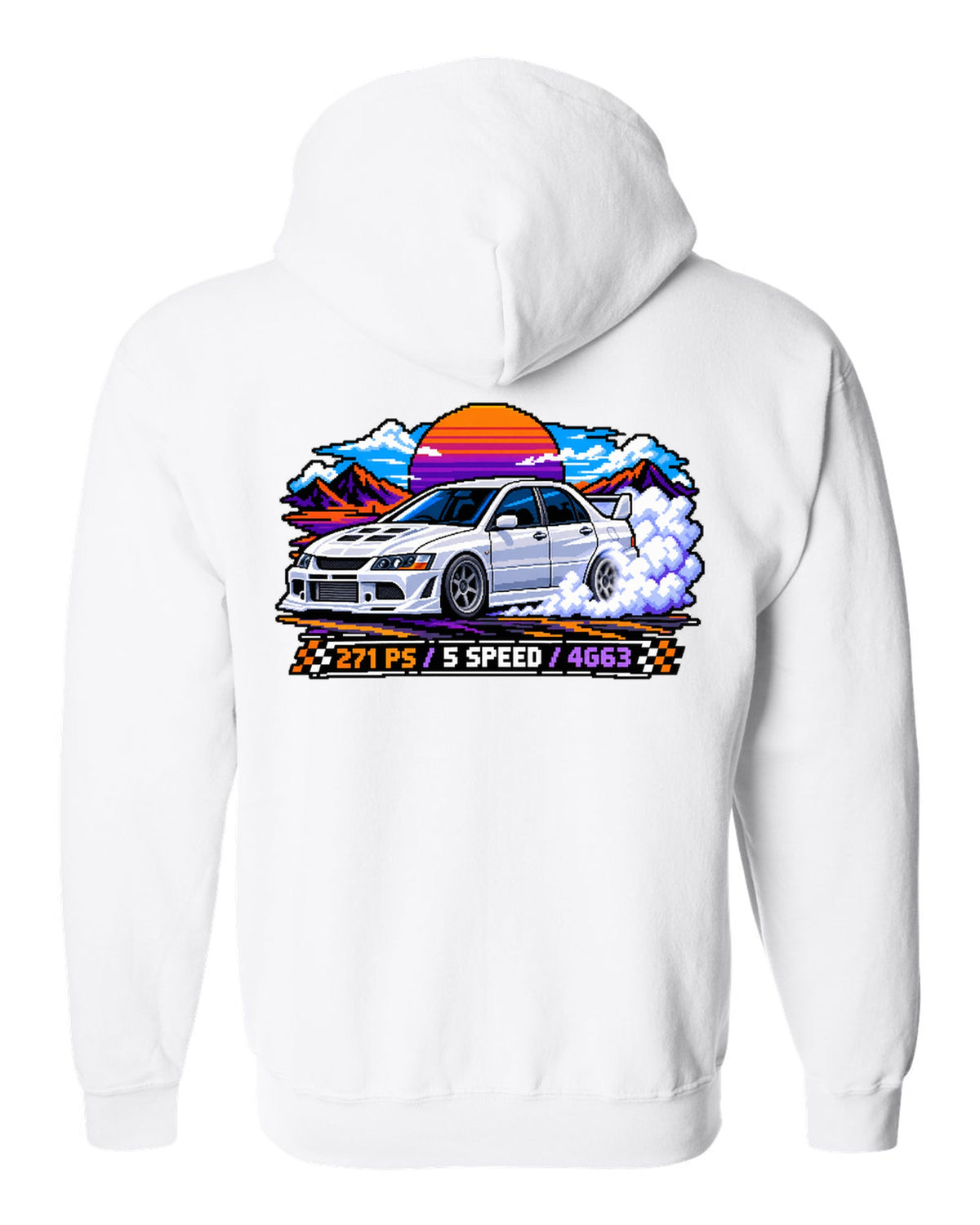 Pixel art burnout print of the Mitsubishi Evo VIII CT9A with 271 PS 5 speed 4G63 text white zip hoodie back view with the design