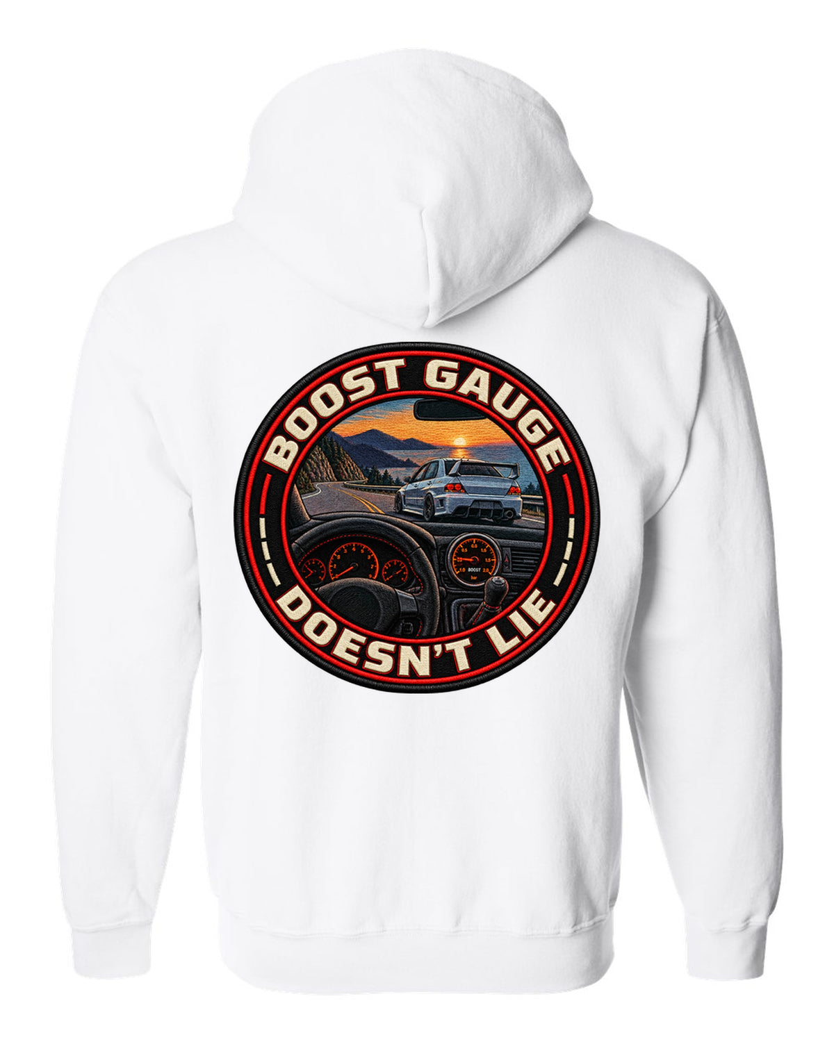 Cyanotype negative blueprint print of the Mitsubishi Evo VIII CT9A with same 4G63 since 1992 text white zip hoodie back view with the design