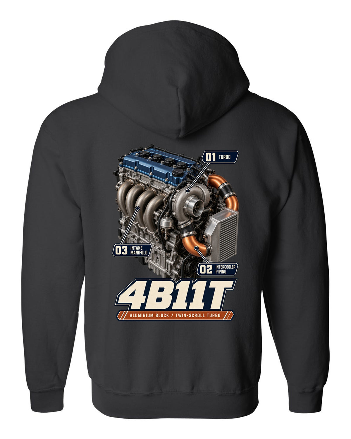 Mitsubishi Lancer Evolution X 4B11T engine bay poster print black zip hoodie back view with the design