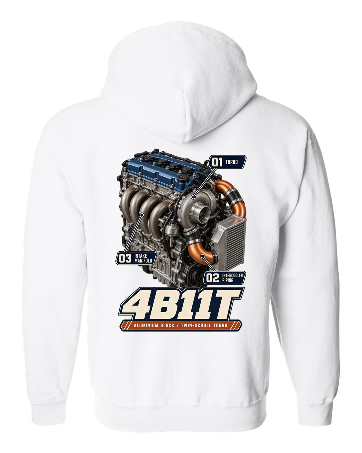 Mitsubishi Lancer Evolution X 4B11T engine bay poster print white zip hoodie back view with the design