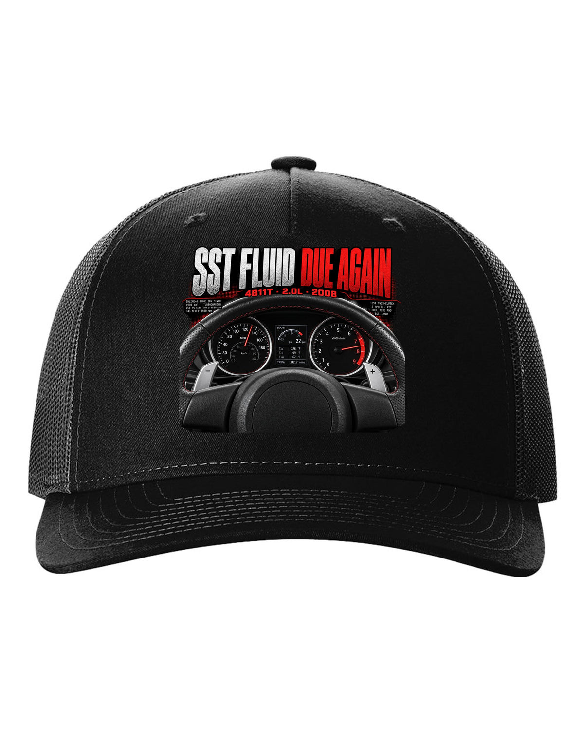 Mitsubishi Lancer Evolution X cockpit gauge print with SST fluid reminder text black hat front view with the design