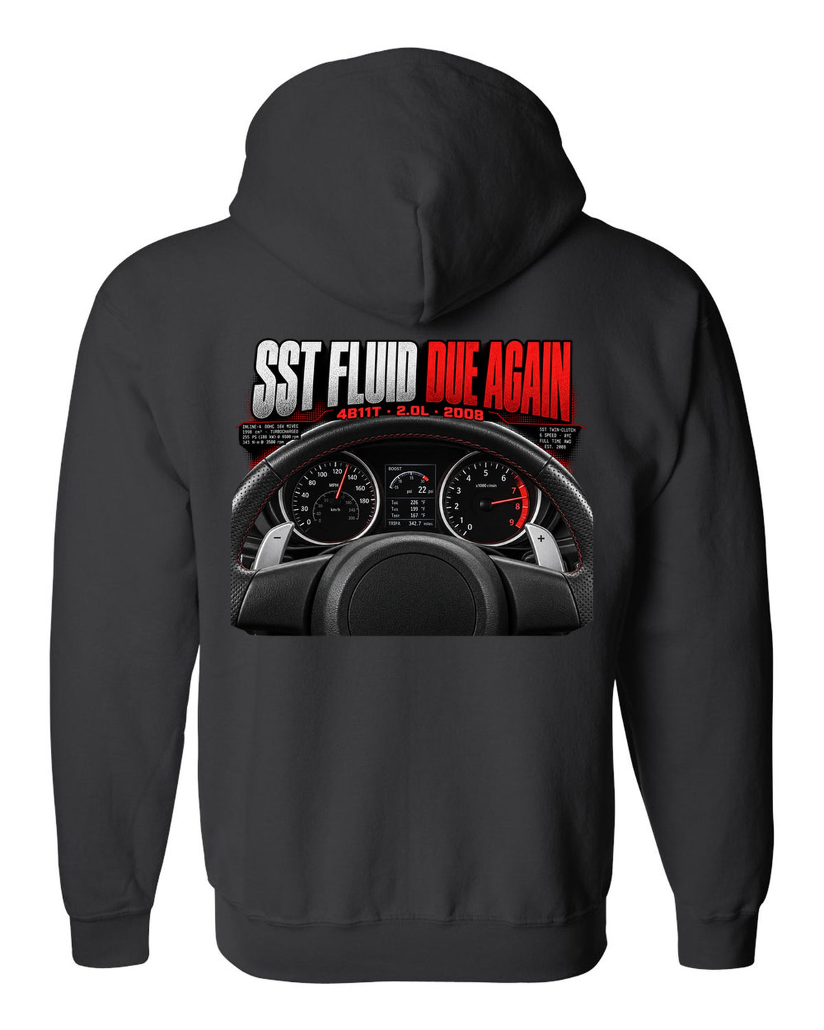 Mitsubishi Lancer Evolution X cockpit gauge print with SST fluid reminder text black zip hoodie back view with the design