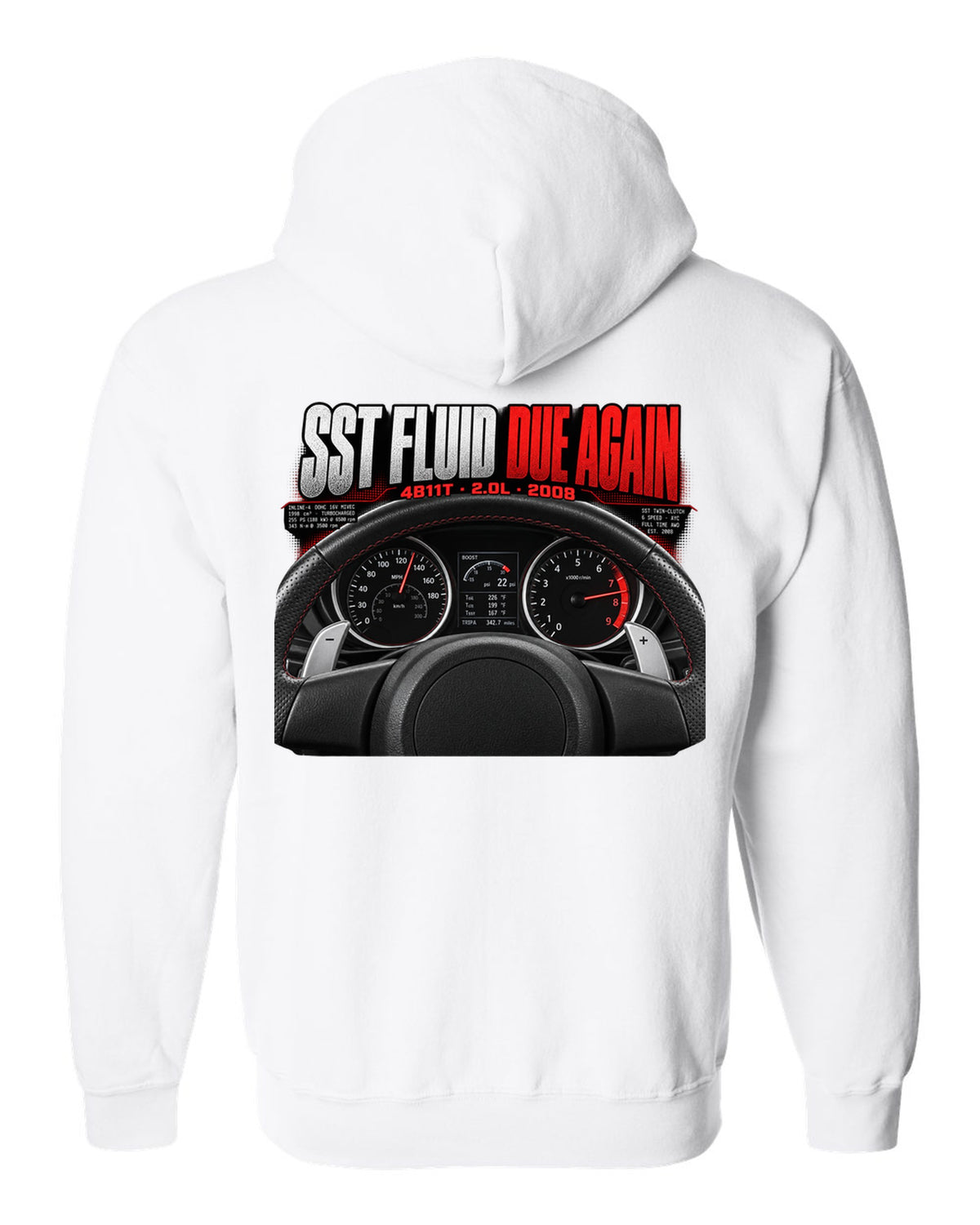 Mitsubishi Lancer Evolution X cockpit gauge print with SST fluid reminder text white zip hoodie back view with the design