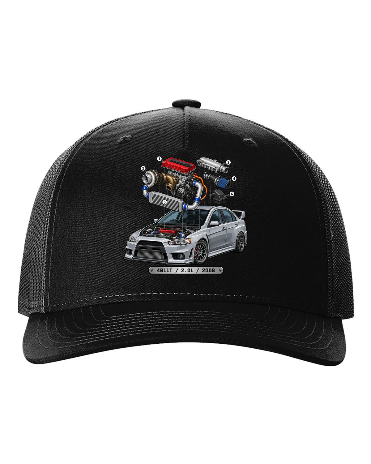 Exploded engine cutaway print for the Mitsubishi Evo X CZ4A with 4B11T 2.0L 2008 text black hat front view with the design