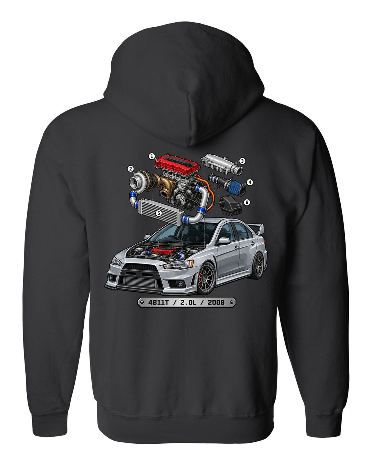 Exploded engine cutaway print for the Mitsubishi Evo X CZ4A with 4B11T 2.0L 2008 text black zip hoodie back view with the design