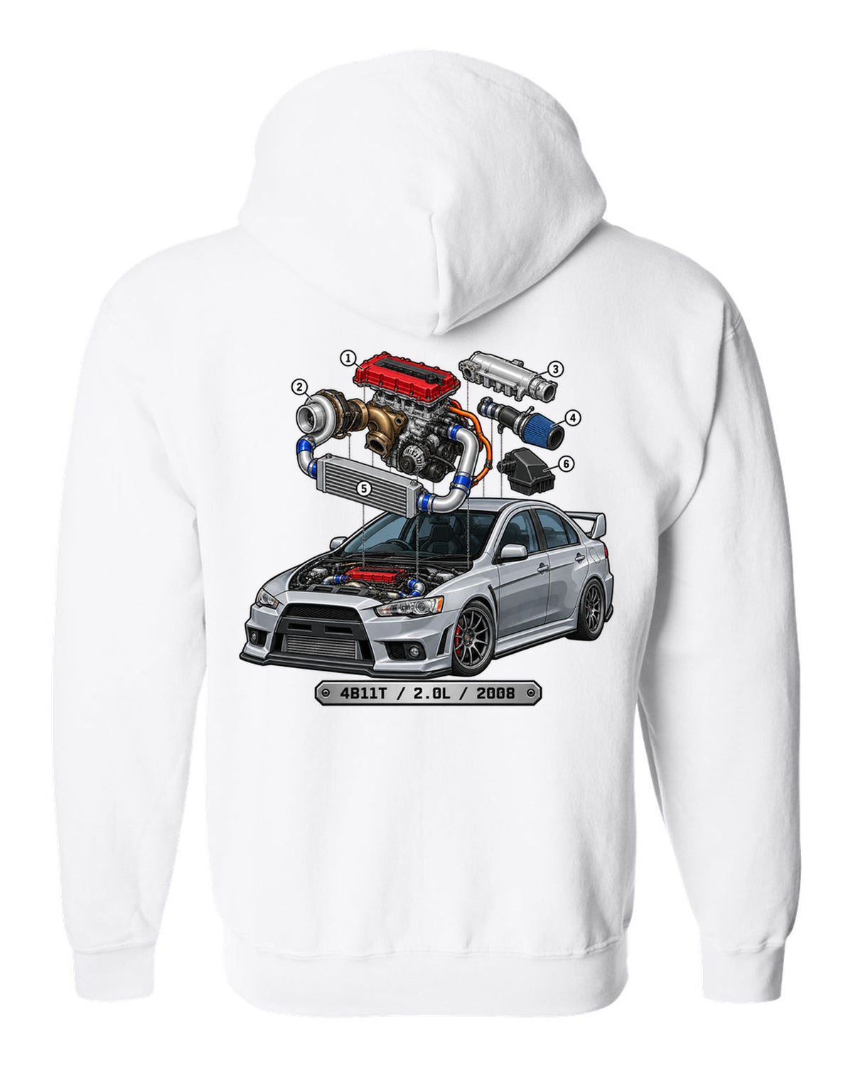 Exploded engine cutaway print for the Mitsubishi Evo X CZ4A with 4B11T 2.0L 2008 text white zip hoodie back view with the design