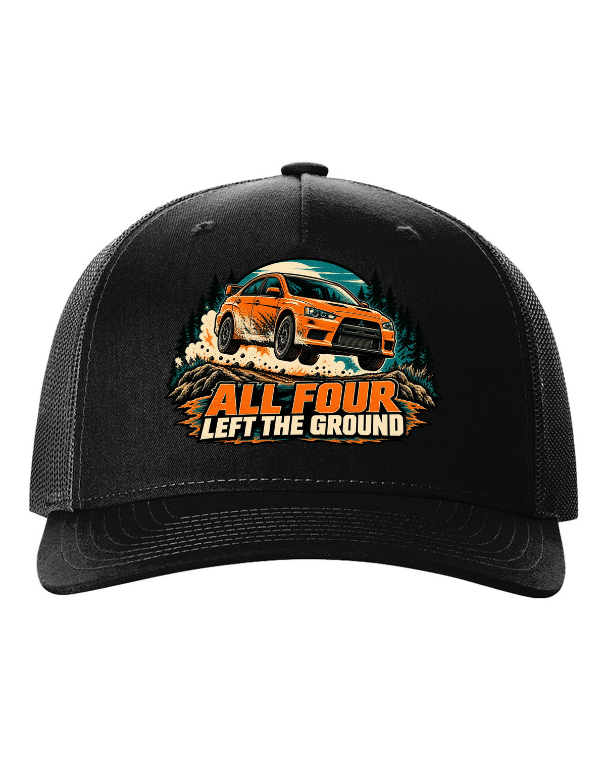 Flat vector minimalist print of the Mitsubishi Evo X CZ4A with aluminium block 291 HP text black hat front view with the design