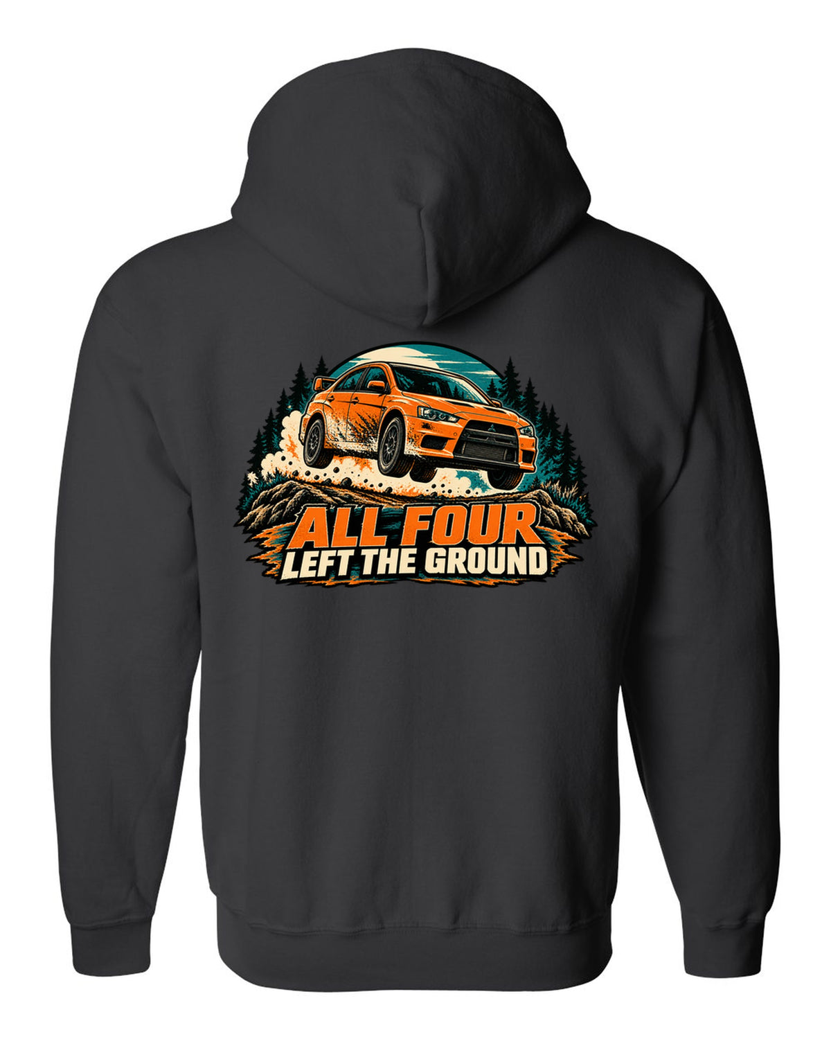 Flat vector minimalist print of the Mitsubishi Evo X CZ4A with aluminium block 291 HP text black zip hoodie back view with the design