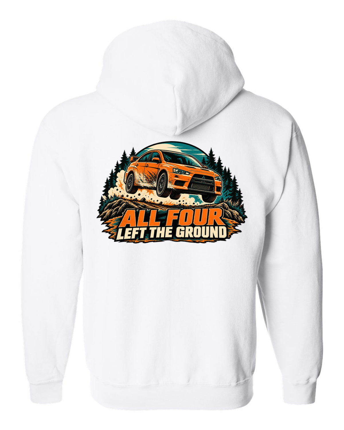 Flat vector minimalist print of the Mitsubishi Evo X CZ4A with aluminium block 291 HP text white zip hoodie back view with the design