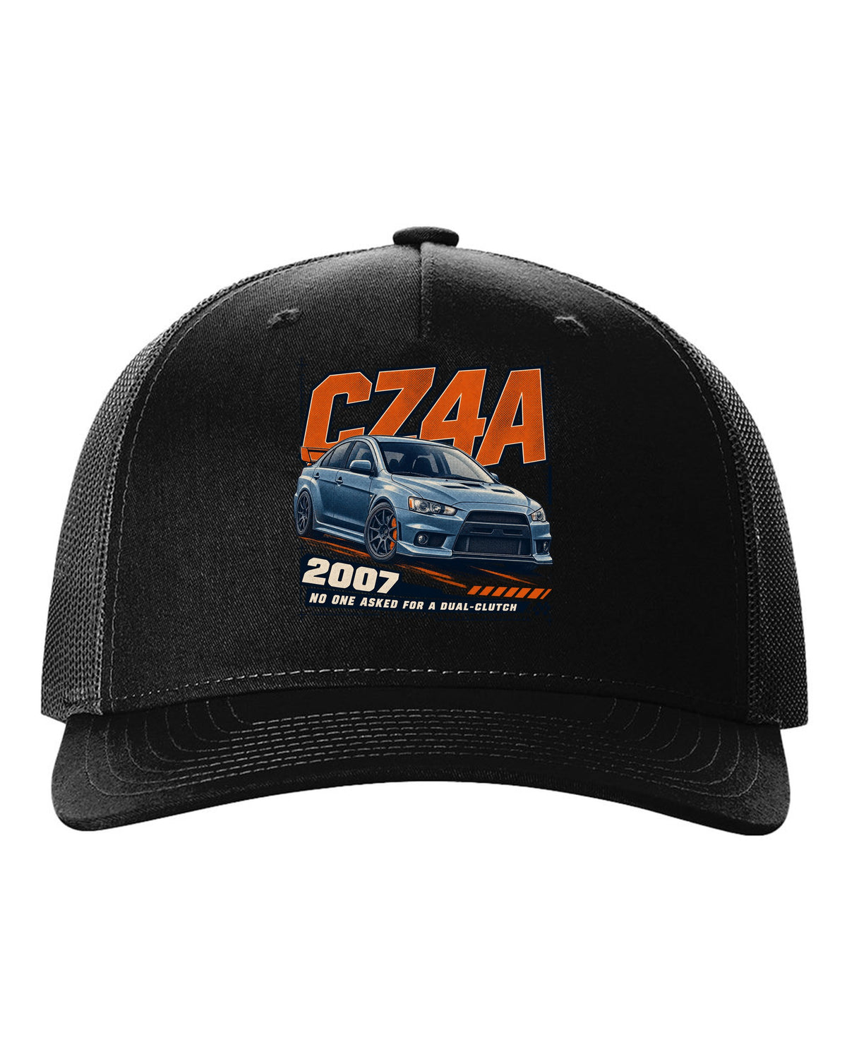 Mitsubishi Lancer Evolution X CZ4A front three-quarter halftone print black hat front view with the design
