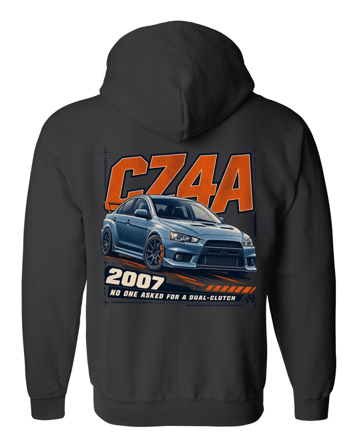 Mitsubishi Lancer Evolution X CZ4A front three-quarter halftone print black zip hoodie back view with the design