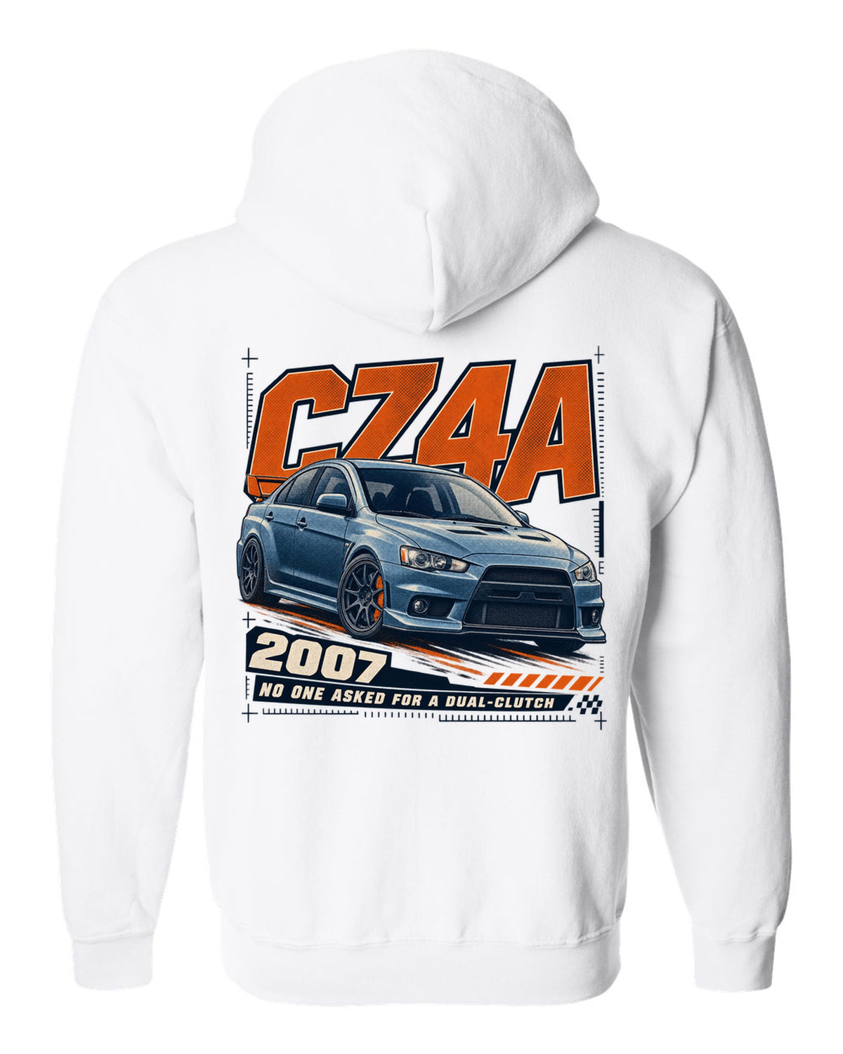 Mitsubishi Lancer Evolution X CZ4A front three-quarter halftone print white zip hoodie back view with the design